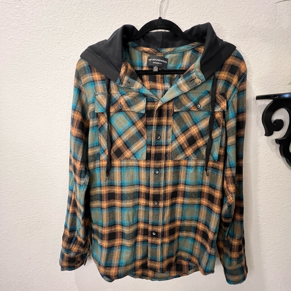 No Boundaries Teal Tan Black Plaid Hooded Shacket Jacket Button Up Shirt Sz XS